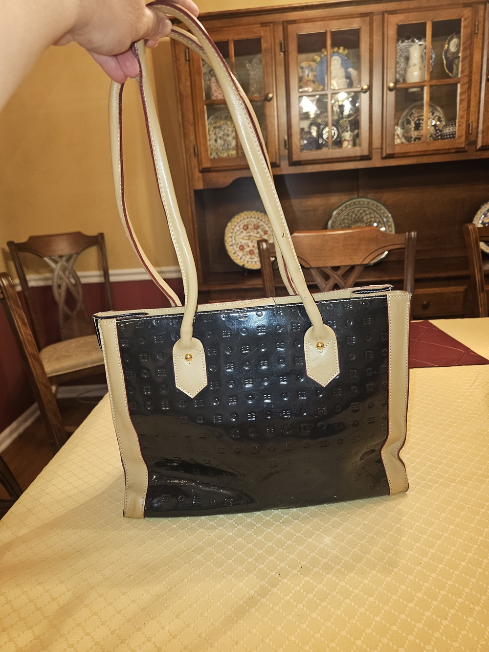 Arcadia Black Patent Tote with Cream Trim - Heavily Discounted Due To Damage - Picture 2 of 13